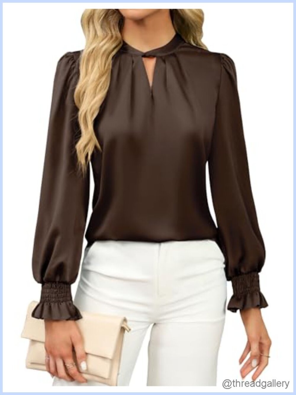 Silk Satin Blouse Keyhole Long Sleeve